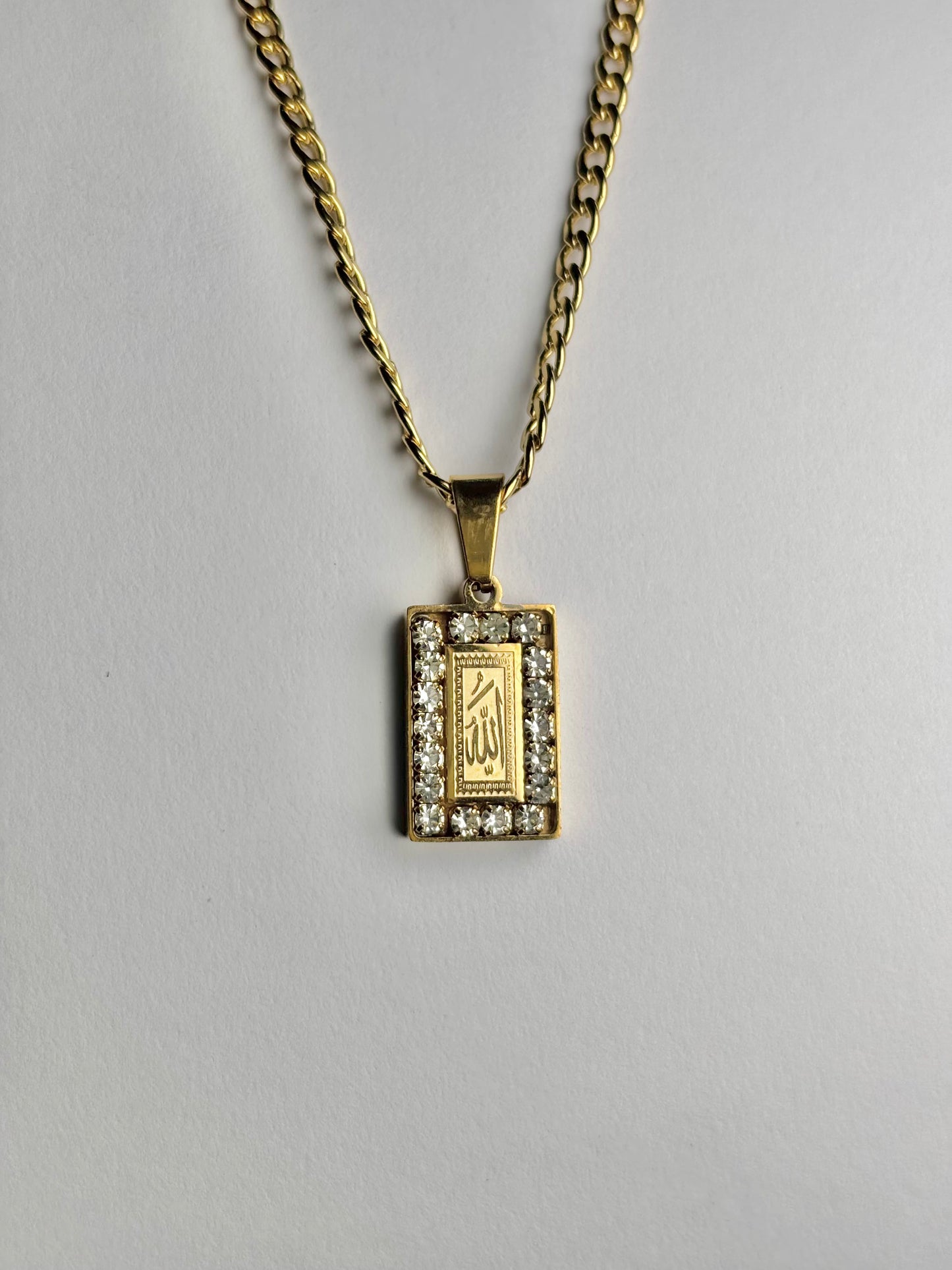 Rectangular Allah Pendant Necklace with Crystal Stones