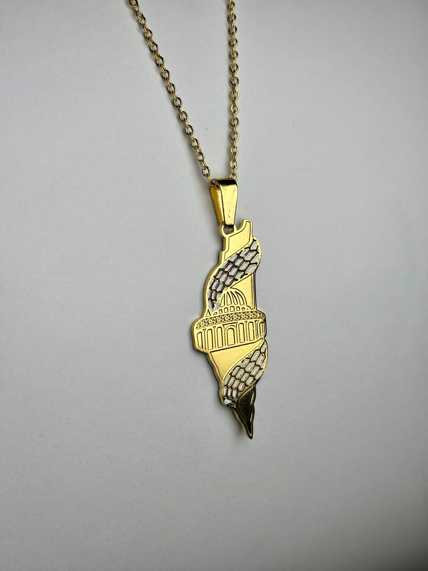 Palestine Map Necklace With Masjid Al-Aqsa and Keffiyeh Accent