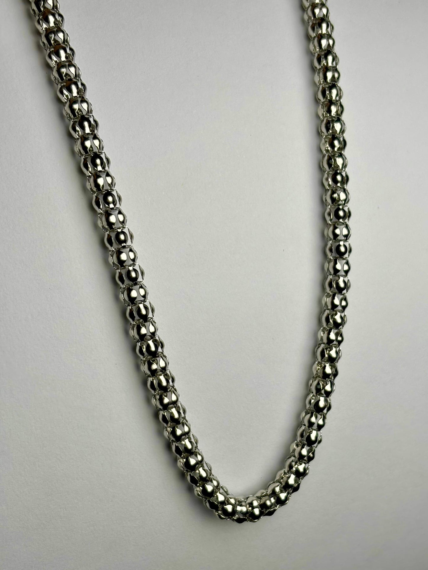 Premium men popcorn chain necklace Pakistan, stainless steel silver beaded chain with lobster clasp close up detail, waterproof non tarnish jewelry