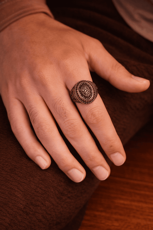 Men’s vintage engraved Turkish ring worn on hand, antique style statement ring for men in Pakistan, detailed bold design ring for everyday and formal wear