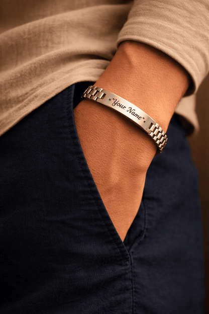 personalized stainless steel ID bracelet for men custom name engraved worn on wrist stylish Pakistani men's jewelry close up