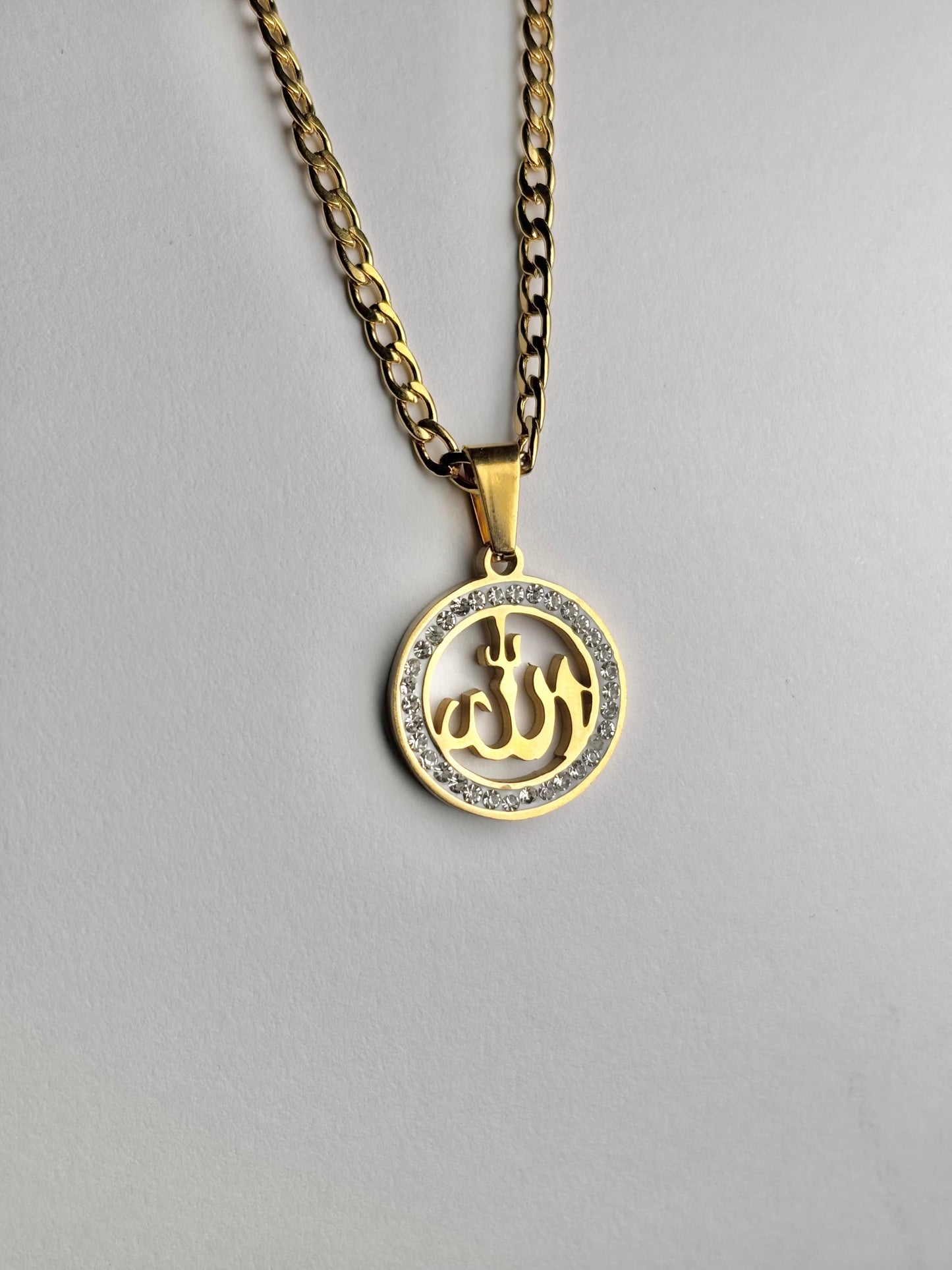Allah Round Necklace –  with Crystal Stones Border [Large]