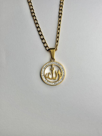 Allah Round Necklace –  with Crystal Stones Border [Large]