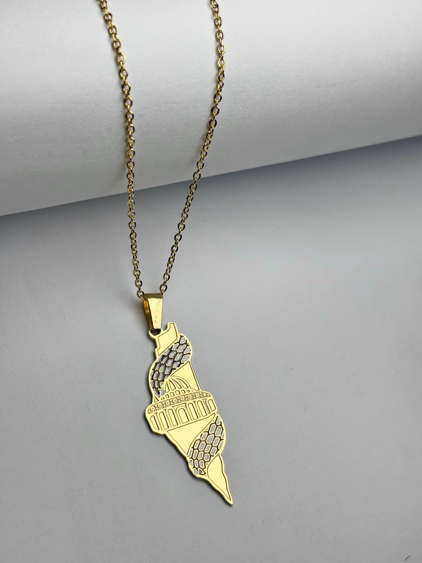 Palestine Map Necklace With Masjid Al-Aqsa and Keffiyeh Accent