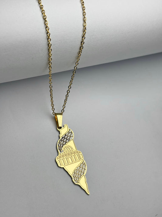 Palestine Map Necklace With Masjid Al-Aqsa and Keffiyeh Accent