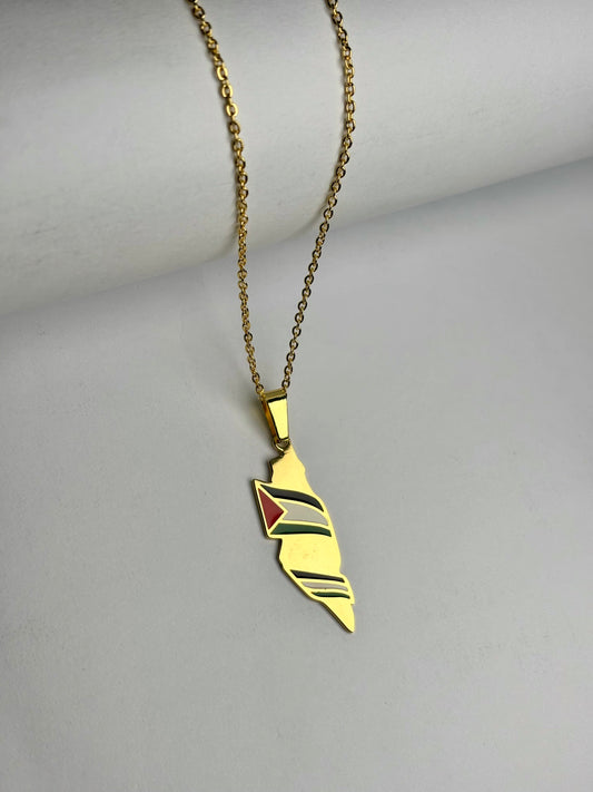 Palestine Map Necklace With Palestine Flag Accent [Golden]