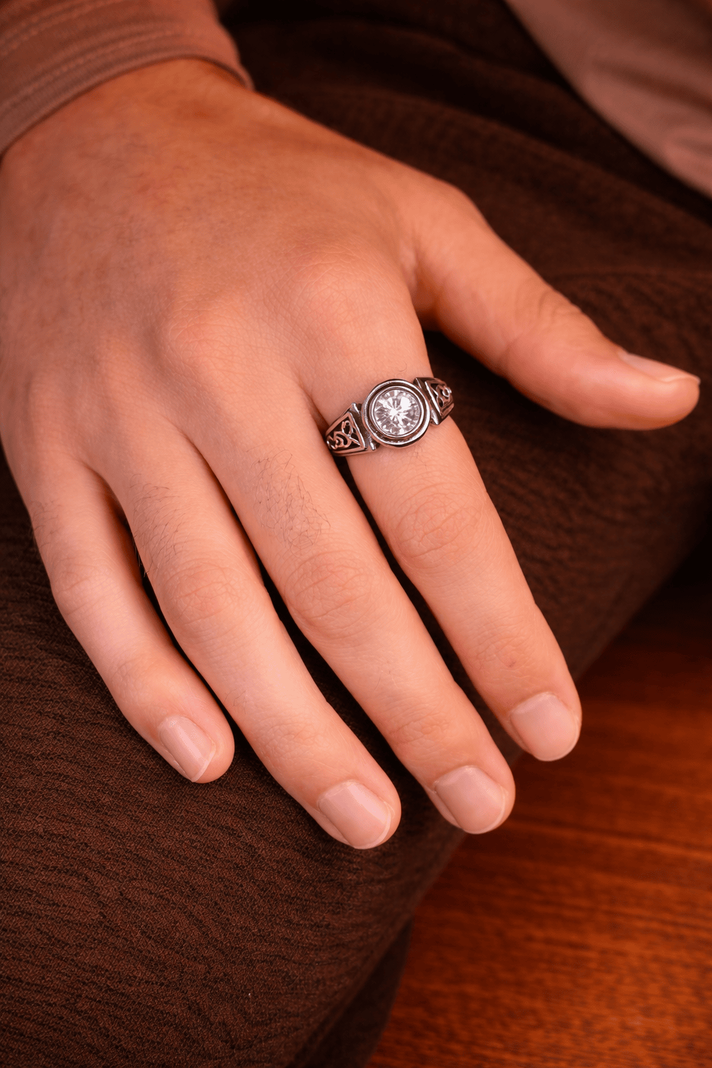 Men’s minimal diamond ring worn on hand, elegant stainless steel signet ring with clear stone, premium men ring in Pakistan for formal and casual wear