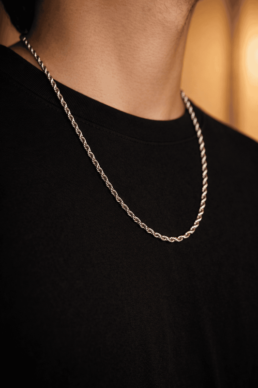 Men stainless steel rope chain necklace in Pakistan, thick silver twisted rope chain worn with black shirt, waterproof anti rust durable everyday men jewelry