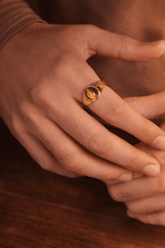 Men’s tiger eye gold ring worn on hand, premium stainless steel signet ring for men in Pakistan, stylish brown stone ring for everyday wear 