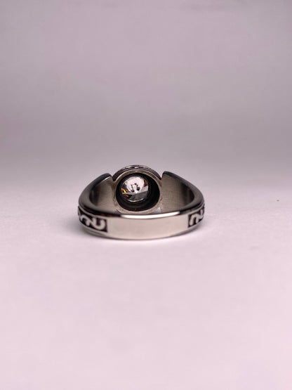 back view of minimal diamond ring for men, polished stainless steel ring with clear round stone, modern and stylish ring available in Pakistan