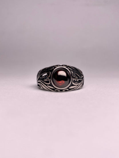 Front view of a high-quality red Garnet ring for men, made with rust-proof 316L stainless steel for daily wear.