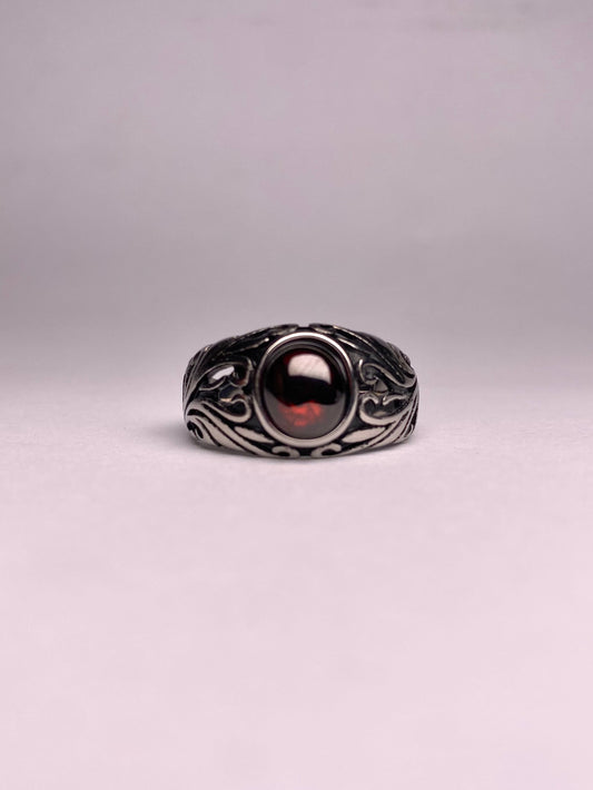 Front view of a high-quality red Garnet ring for men, made with rust-proof 316L stainless steel for daily wear.