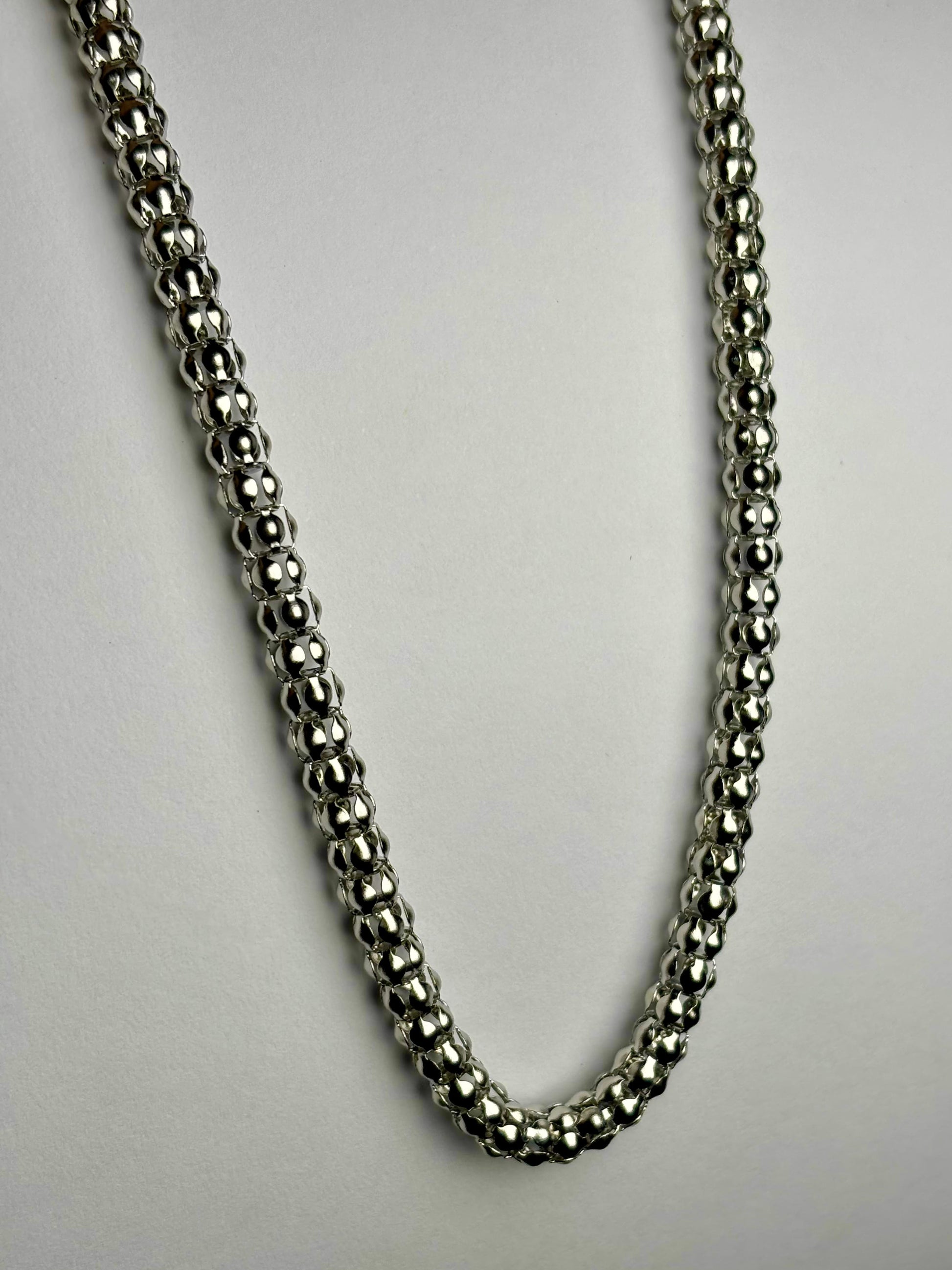 Premium men popcorn chain necklace Pakistan, stainless steel silver beaded chain with lobster clasp close up detail, waterproof non tarnish jewelry