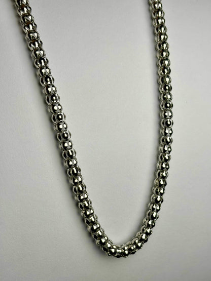 Premium men popcorn chain necklace Pakistan, stainless steel silver beaded chain with lobster clasp close up detail, waterproof non tarnish jewelry