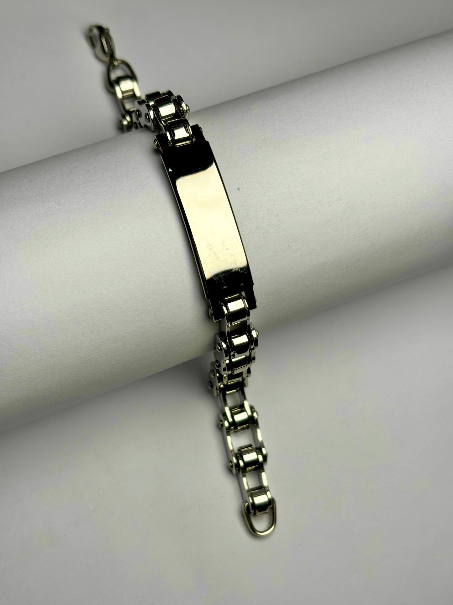 Stainless steel custom name plate chain bracelet with polished silver finish and engraving plate product shot Pakistan