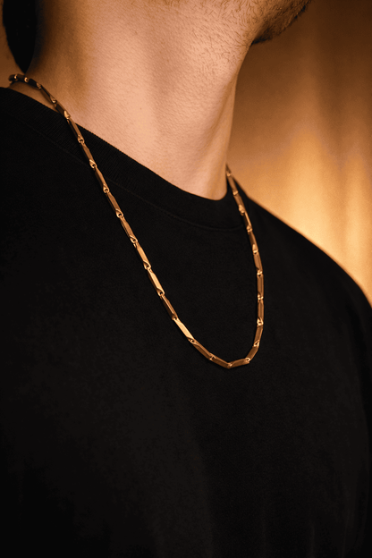 Gold stainless steel chain necklace for men Pakistan, modern geometric bar link chain waterproof anti rust durable everyday jewelry